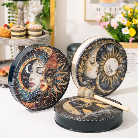 Handcrafted Wooden Shaman Drum With Drumstick For Meditation Mystical Sun Moon Goddess Pattern Pharaoh Ethnic Frame Drum Home Decor Art
