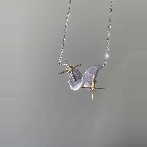 Lila Schmetterling Stern Anhänger Kette Kupfer Zirkonia Gebürstetes Metall Französisch Elegante Clavicle Kette Damen