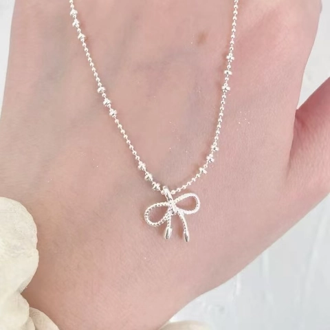 Bowknot Pendant Necklace Copper Silver Plated Bead Chain Hollow Design Minimalist Korean Style Jewelry For Women Gift