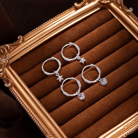 Pendientes De Aro De Cobre Para Mujer Colgante De Estrella Zircón Redondo Moda Francesa Joyería Elegante Color Plata