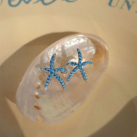 Blue Rhinestone Starfish Stud Earrings With Copper Base Elegant Ocean Theme Sea Star Ear Jewelry For Women