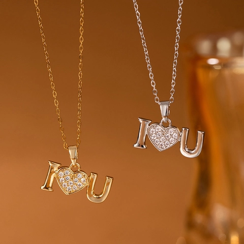Edelstahl Halskette Kupfer Anhänger Zirkonia Ich Liebe Dich Herz Buchstabe Damen Geschenk Modeschmuck