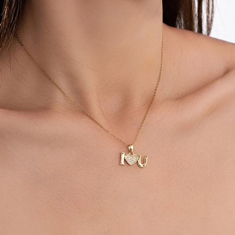 Edelstahl Halskette Kupfer Anhänger Zirkonia Ich Liebe Dich Herz Buchstabe Damen Geschenk Modeschmuck