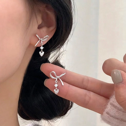 Bowknot Heart Dangle Earrings Copper Zircon Inlaid Silver Plated Sweet Fashion Elegant Daily Jewelry For Women