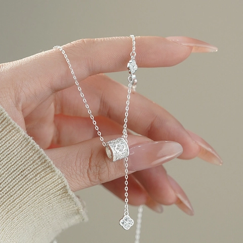 Klavertje Vier Koperen Ketting Voor Dames Elegante Cilinder Zirkoon Kwastje Lariat Sleutelbeen Ketting Franse Stijl