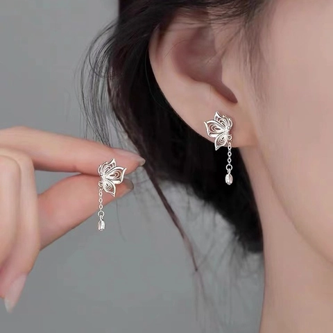 Hollow Butterfly Tassel Earrings Copper Filigree Design Long Chain Drop Elegant Style For Women