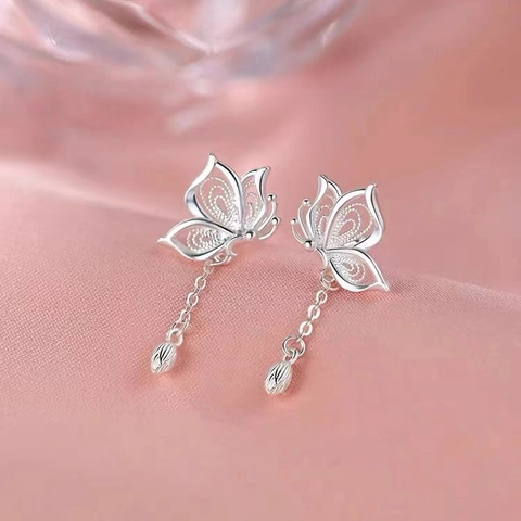 Hollow Butterfly Tassel Earrings Copper Filigree Design Long Chain Drop Elegant Style For Women