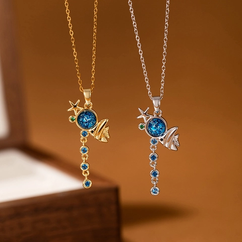 Blue Zirconia Copper Pendant Necklace Titanium Steel Chic Fish Star Tassel Charm Elegant Niche Jewelry For Women