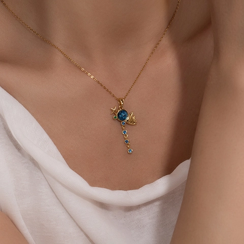 Blue Zirconia Copper Pendant Necklace Titanium Steel Chic Fish Star Tassel Charm Elegant Niche Jewelry For Women