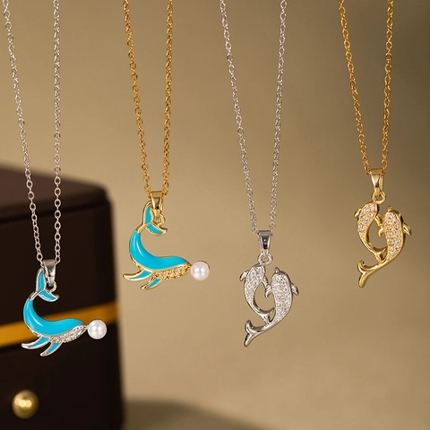Dolphin Necklace Stainless Steel With Cubic Zirconia Blue Enamel And Artificial Pearl Pendant Ocean Theme Jewelry For Women