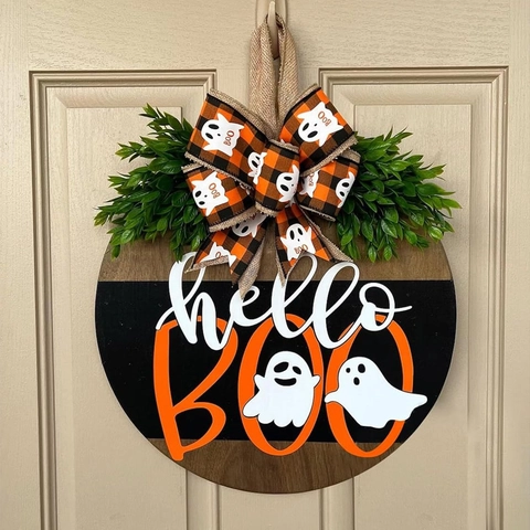 Halloween Welcome Door Sign Wooden Round Hanging Decoration With Bow Artificial Leaves Ghost Skull Pumpkin Theme For Home