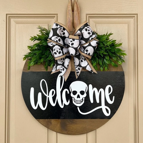 Halloween Welcome Door Sign Wooden Round Hanging Decoration With Bow Artificial Leaves Ghost Skull Pumpkin Theme For Home