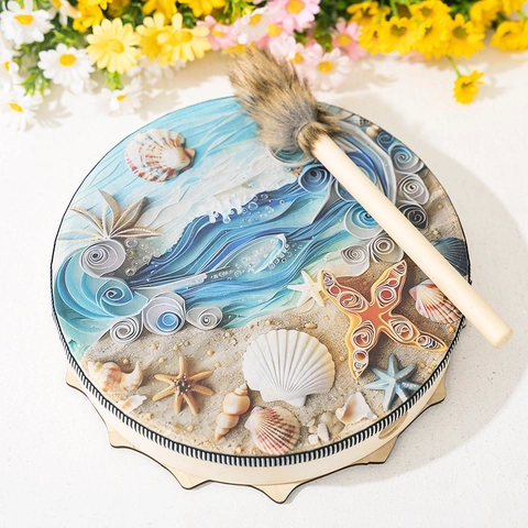 Shaman Drum Ocean Wave Shell 3D Theme Hand Drum Percussion Instrument Ethnic Bohemian Style Home Decor Decorative Drum With Drumstick