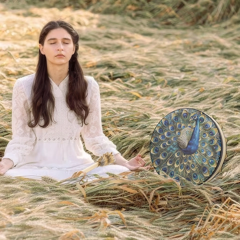Sjamanendrum Artistieke Handframetrommel Kleurrijke Pauwenprint Multiplex Polyester Slaginstrument Met Hamertje Genezing Meditatie