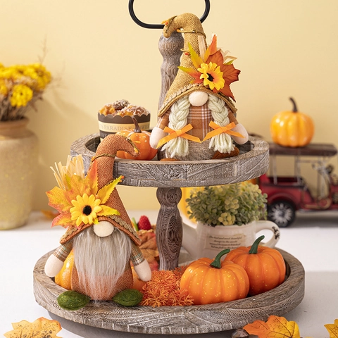 Thanksgiving Harvest Gnome Decoration Sunflower Maple Leaf Plaid Faceless Doll Plush Standing Gnome Home Table Decor