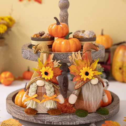 Thanksgiving Harvest Gnome Decoration Sunflower Maple Leaf Plaid Faceless Doll Plush Standing Gnome Home Table Decor