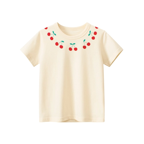 Camiseta de Algodón para Niñas Manga Corta Estampado de Cerezas Cuello Redondo Casual Verano Top Suave Transpirable Albaricoque