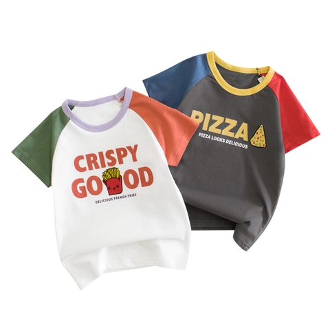 T-Shirt Filles Enfants Coton Raglan Manches Courtes Color Block Dessin Animé Pizza Frites Imprimé Col Rond Haut D'Été Décontracté