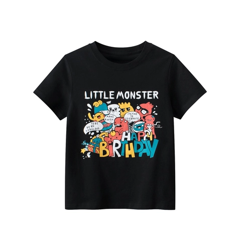 T-Shirt à Manches Courtes en Coton pour Enfants Thème Anniversaire Monstre Robot Dessin Animé Col Rond Top Décontracté d'Été Vêtements Garçons Filles