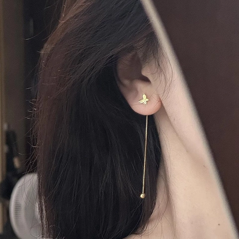 Franse Stijl Vlinder Lange Ketting Oordraden Elegante Messing Kwastje Oorbellen Met Zilveren Oorsteker Voor Dames