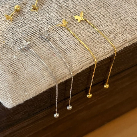 Franse Stijl Vlinder Lange Ketting Oordraden Elegante Messing Kwastje Oorbellen Met Zilveren Oorsteker Voor Dames