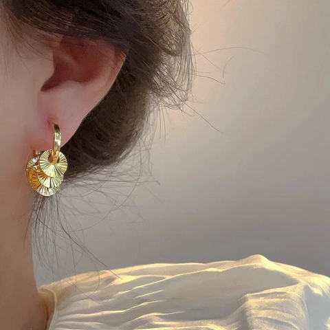 Orecchini A Cerchio Pendenti Con Disco Tondo Texturizzato Rame Scintillante A Forma Di Ventaglio Gioielli Di Moda Eleganti Da Donna