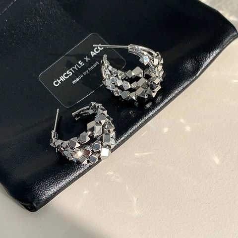Unregelmäßige Zerstoßenes Silber Textur Ohrstecker Mehrlagige Geometrische C-Form Kupfer Ohrringe Für Damen Chic