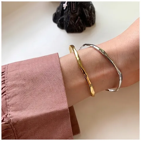 Irregular Wave Texture Silver Plated Cuff Bangle Minimalist Hammered Open Adjustable Bracelet Elegant Jewelry For Women