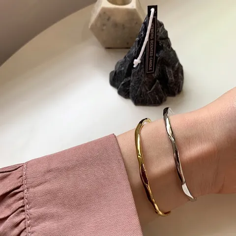 Irregular Wave Texture Silver Plated Cuff Bangle Minimalist Hammered Open Adjustable Bracelet Elegant Jewelry For Women
