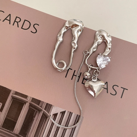 Orecchini Asimmetrici Spilla Di Sicurezza Cuore Rame Zircone Nappa Lunga Gioielli Eleganti Donna