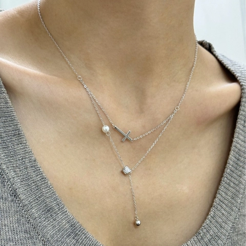 Elegant Double Layer Necklace Copper Cross Pendant Zircon Cylinder Artificial Pearl French Luxury Style Jewelry For Women Gift