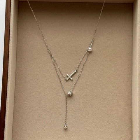 Elegant Double Layer Necklace Copper Cross Pendant Zircon Cylinder Artificial Pearl French Luxury Style Jewelry For Women Gift
