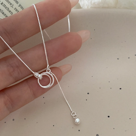 Interlocking Circles Lariat Necklace Copper Y-Shaped Tassel Bead Clavicle Chain Jewelry Fashion For Women