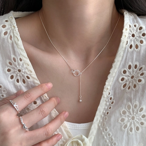 Interlocking Circles Lariat Necklace Copper Y-Shaped Tassel Bead Clavicle Chain Jewelry Fashion For Women