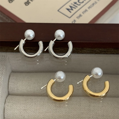 Pendientes De Botón De Perlas Artificiales En Forma De C Con Poste De Cobre Minimalistas Desmontables Versátiles Mujer