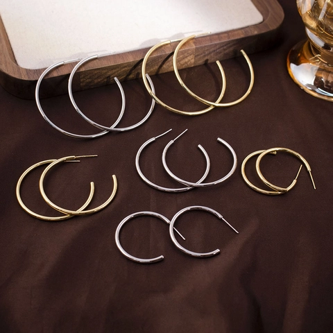 Minimalist C-Shape Hoop Earrings Polished Copper Geometric Shiny Studs Trendy Jewelry Women
