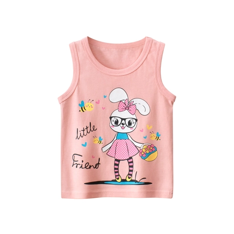 Baby Girls Cute Cartoon Rabbit Print Tank Top 100 Percent Cotton Sleeveless Summer Pink Round Neck Breathable Kids Casual Top