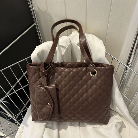 Sac Fourre Tout Matelassé En Similicuir PU À Motif De Diamants Grande Capacité Sac À Épaule Avec Mini Pochette Femmes