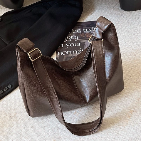 Vintage PU Leather Large Capacity Shoulder Bag Wide Adjustable Strap Hobo Tote Crossbody Bag For Women