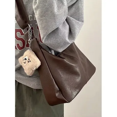 Vintage PU Leather Large Capacity Shoulder Bag Wide Adjustable Strap Hobo Tote Crossbody Bag For Women