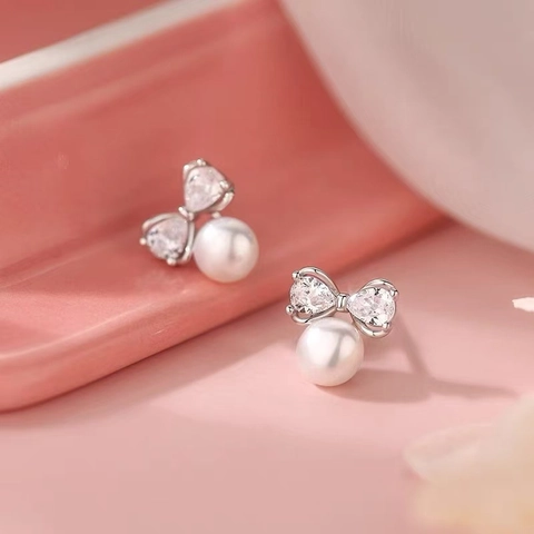 Pendientes De Botón Con Lazo Cobre Circón Imitación Perla Artificial Dulce Elegante Estilo Coreano Joyería De Moda Para Mujeres