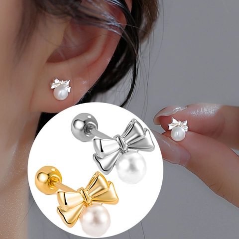 Franse Stijl Strik Kunstparel Oorknopjes Elegante Messing Mode Sieraden Voor Dames