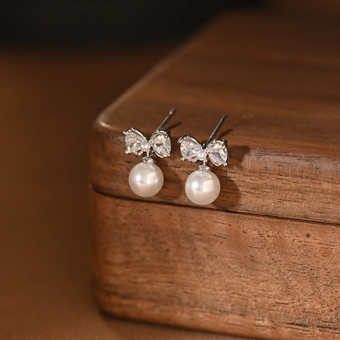 Elegantes Pendientes De Perlas Artificiales Con Lazo Con Poste De Plata Circonita Cobre Joyería Mujer Estilo Francés Moda