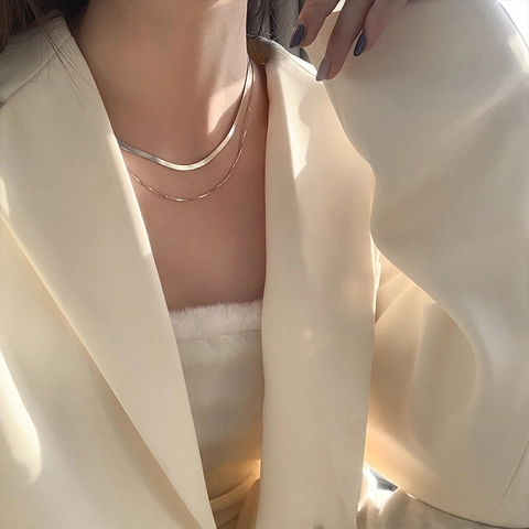 Collar De Doble Capa Cobre Cadena De Serpiente Plana Gargantilla Joyería Minimalista Elegante Para Mujer