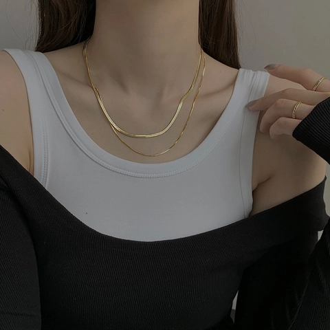Collar De Doble Capa Cobre Cadena De Serpiente Plana Gargantilla Joyería Minimalista Elegante Para Mujer