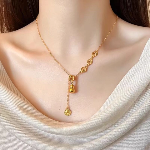 Halskette Kupfer Mit Flaschenkürbis Anhänger Chinesischer Stil Glück Fu Runde Etiketten Quaste Retro Schmuck Damen