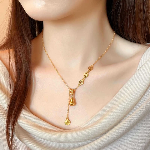 Halskette Kupfer Mit Flaschenkürbis Anhänger Chinesischer Stil Glück Fu Runde Etiketten Quaste Retro Schmuck Damen