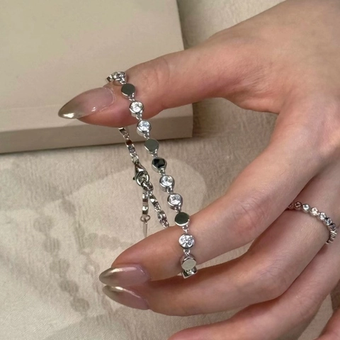 Vintage Round Cubic Zirconia Bracelet Brass Silver Plated Geometric Disc Adjustable Elegant Jewelry For Women