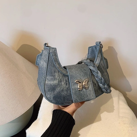 Borsa A Spalla Mezzaluna Farfalla Donna PU Denim Tracolla Intrecciata Fibbia In Metallo Moda Vintage Borsa Hobo