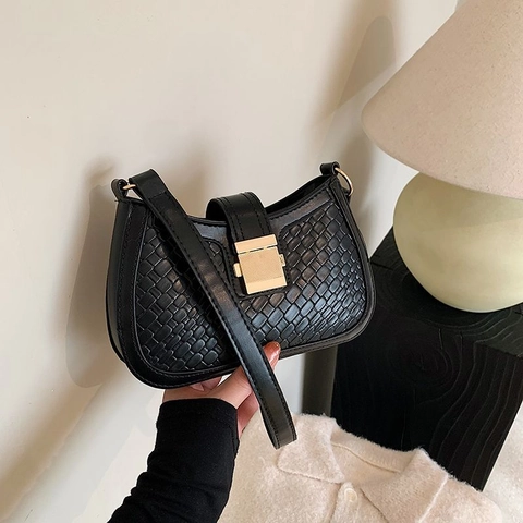 Bolso de Axila de Estilo Francés Retro Para Mujer Cuero PU Textura Tejida Patrón de Cocodrilo Bolso de Hombro Hebilla Oro